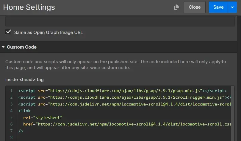 Webflow home settings