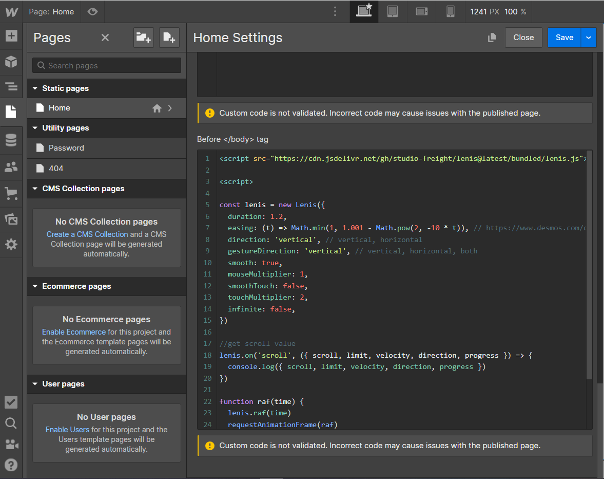 Webflow home settings