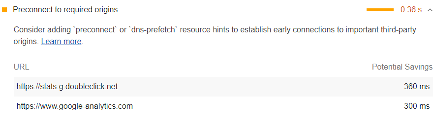 Google Lighthouse preconnect recommendation