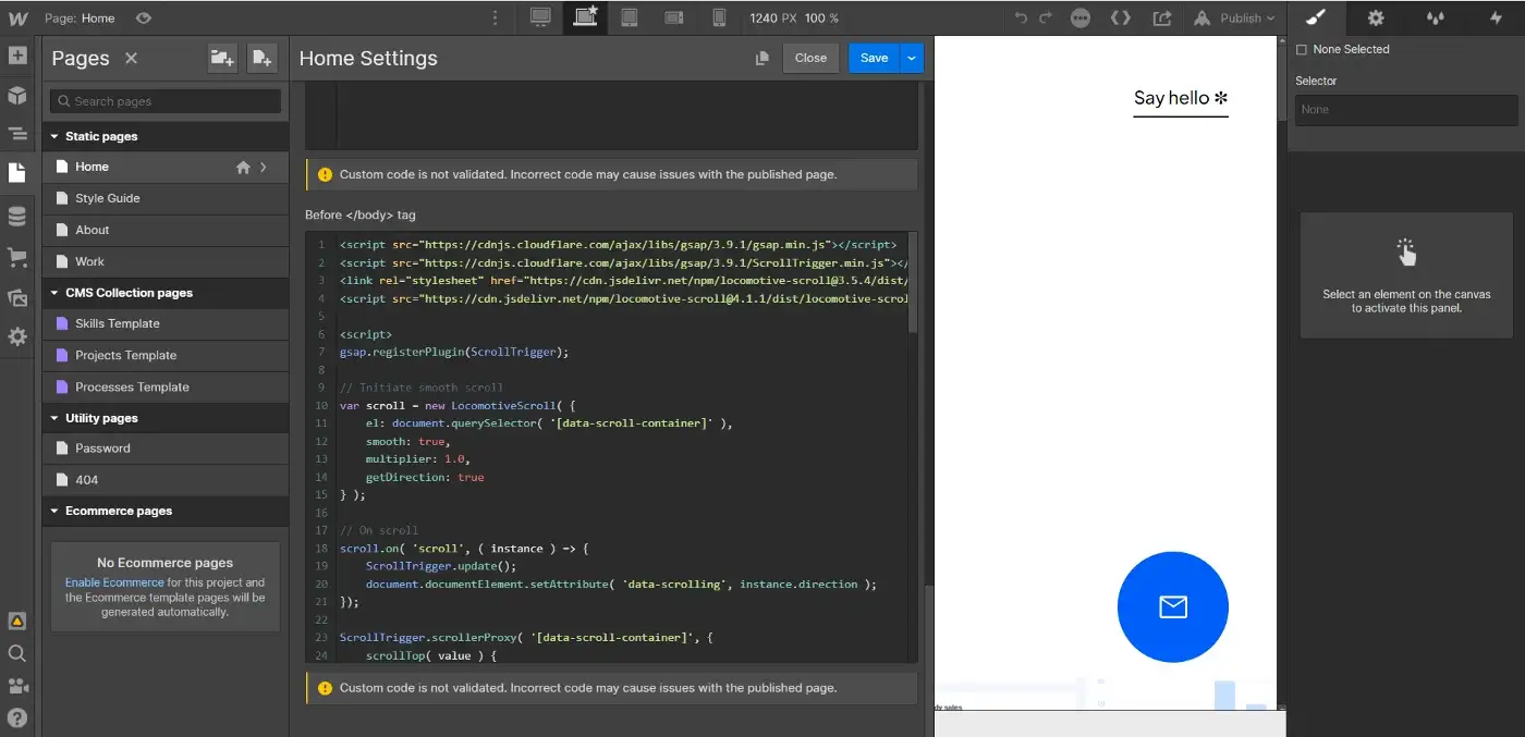 Webflow page settings